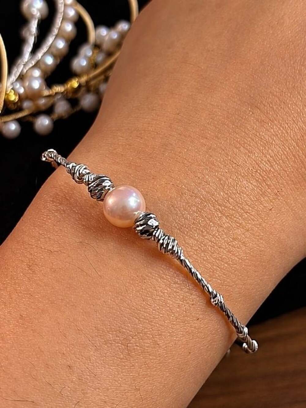 Champagne Pearl & Silver Sparkling Beaded Bracelet